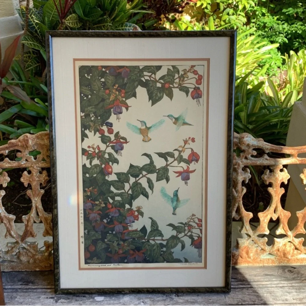 Toshi Yoshida Vintage Woodblock Framed Hummingbird and Fuchsia Signed Art Print - Picture 1 of 9